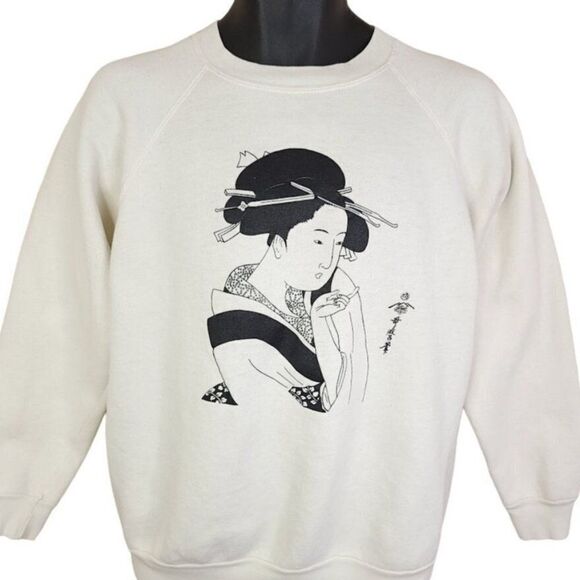 Kitagawa Utamaro Japanese Woman Sweatshirt Vintage 80s Art Portrait Mens Medium - Picture 1 of 7